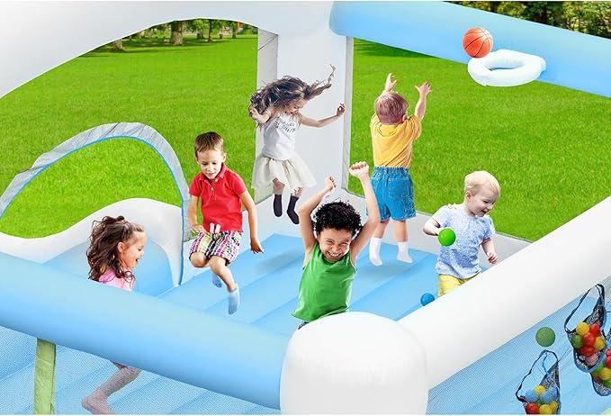 Large Bounce House for Big Kids, 14.8 x 14.5 FT Inflatable Bouncer Jumper Slide with 650W Blower, Basketball Hoop, Throw Ball Game, Ball Pits White