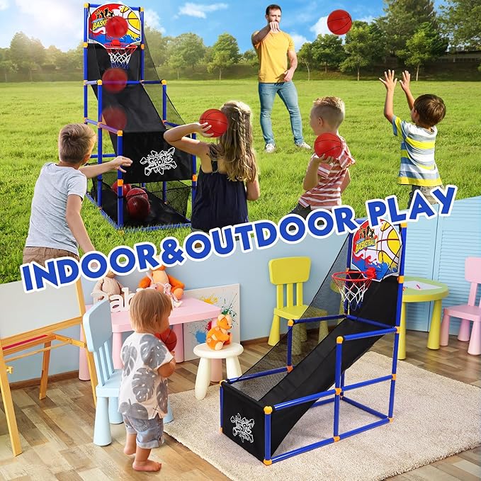AOKESI Arcade Basketball Game Set for Kids, Toddler Basketball Hoop with 4 Balls Indoor and Outdoor Sports Toys Gifts for Boys Girls Aged 3-4 5-6 7-12 Years Old Adjustable Height Stand