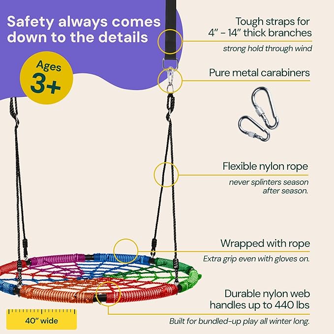 PLAYVIBE Spider Web Tree Swing - 40 in Multicolor Saucer Swing - 440 lb Capacity with Hanging Straps & Carabiners - Weather-Resistant Outdoor Play for Kids & Toddlers - Fits Trees, Playsets & Gyms