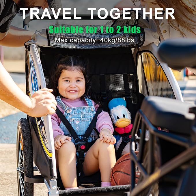 LEOGUAR Bike Trailer for Kids, Stroller, Suitable for 1 to 2 Kids, 5-Point Harness, Padded seat and Backrest, Folding Frame, Quick Release Wheels, 8" Swivel Front Wheel, Bug Screen & Weather Shield