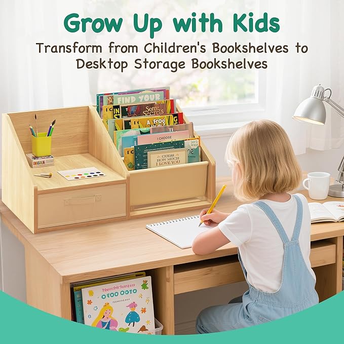 FKWin Kids Bookshelf with Seat - Forward-Facing Book Shelf for Kids Rooms,Nursery Bookcase with 5-Tier Montessori Shelf,Wooden