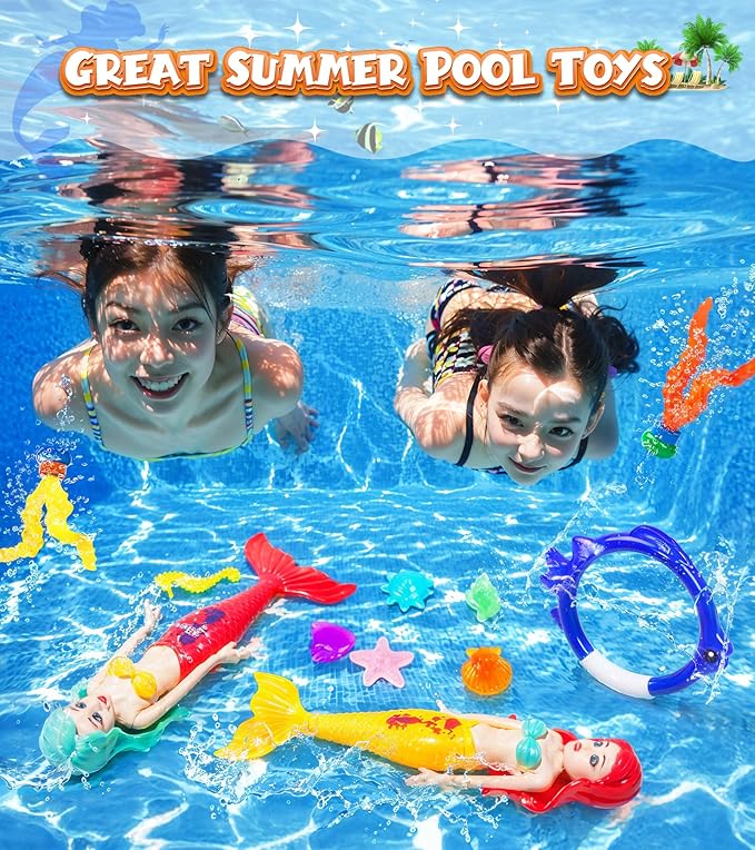 Pool Toys for Kids, Mermaid Swim Diving Pool Toys for Toddlers Girls,Underwater Sinking Water Ball Games, Pool Swim Float Treasure Fish Toy, Diving Ring Toys with Mesh Bag for Summer Pool Beach Party