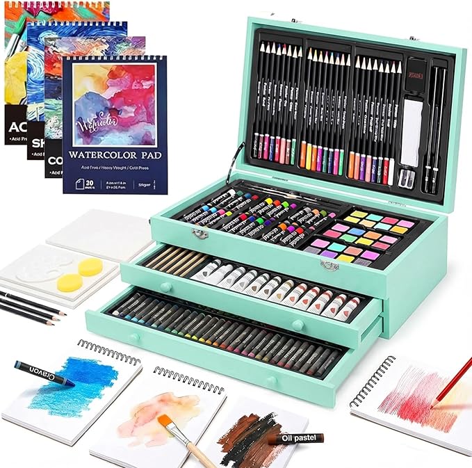 194 Piece Deluxe Art Set, Painting Drawing Art Supplies with 4 Drawing Pads, Acrylic Paints, Crayons, Colored Pencils Set in Wooden Case, Art Kit Gift Box for Kids, Teens, Adults, Artists, Beginners