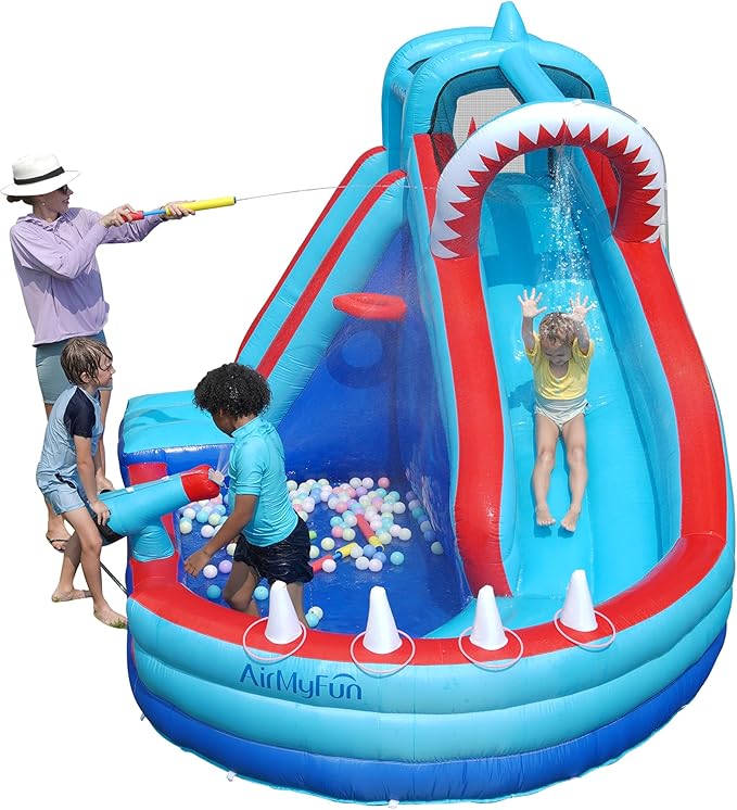 AirMyFun Bounce House, Sharks Theme Inflatable Bouncy House with Slide, Kids Bounce House Water Park with Water Slides Bouncer Castle with Splash Pool, Climbing Wall, Ball Shooting