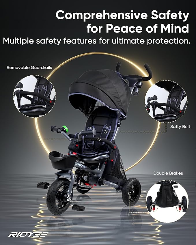 7-in-1 Folding Toddler Tricycle for 18 Months to 5 Years, Tricycle Stroller with Dual Brakes, All-Terrian Rubber Tire, Tricycle for Toddlers with Rotatable Seat, Adjustable Push Handle, Grey