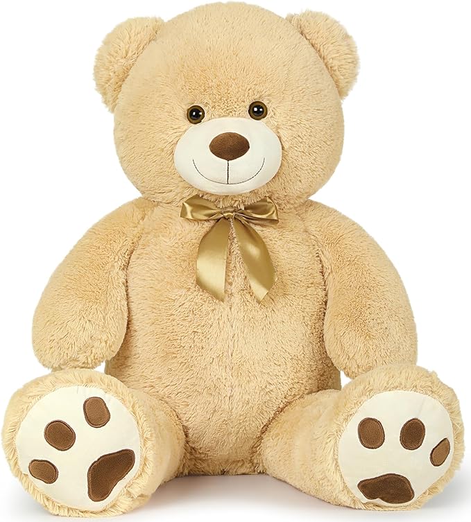 MaoGoLan Giant Teddy Bear Stuffed Animal, 39" Large Tan Teddy Bear Plush Toy with Cute Bow Tie & Footprints, Soft Sunggle Bear Plushies Gift for Kids Grilfriend Wife on Christmas Birthday Baby Shower