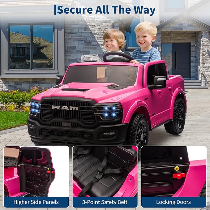 24V Ride on Car Licensed RAM 2500, 2 Seater Ride on Car for Kids w/Remote Control, Toddler Electric Car w/Truck Bed, 3 Speed, LED Lights, Bluetooth, Suspension, Gifts for Boys Girls, Pink