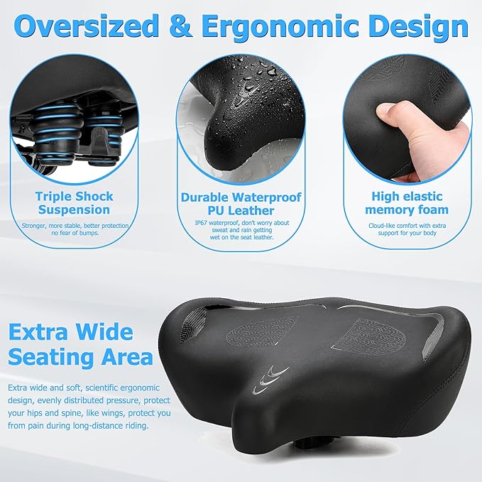 Oversized Bike Seat for Men & Women Comfort, Extra Wide Bicycle Seat Cushion, Comfortable Wing Padded, Large Replacement Saddle for Peloton, Stationary Exercise Bike, Ebike, Cruiser, City Bike