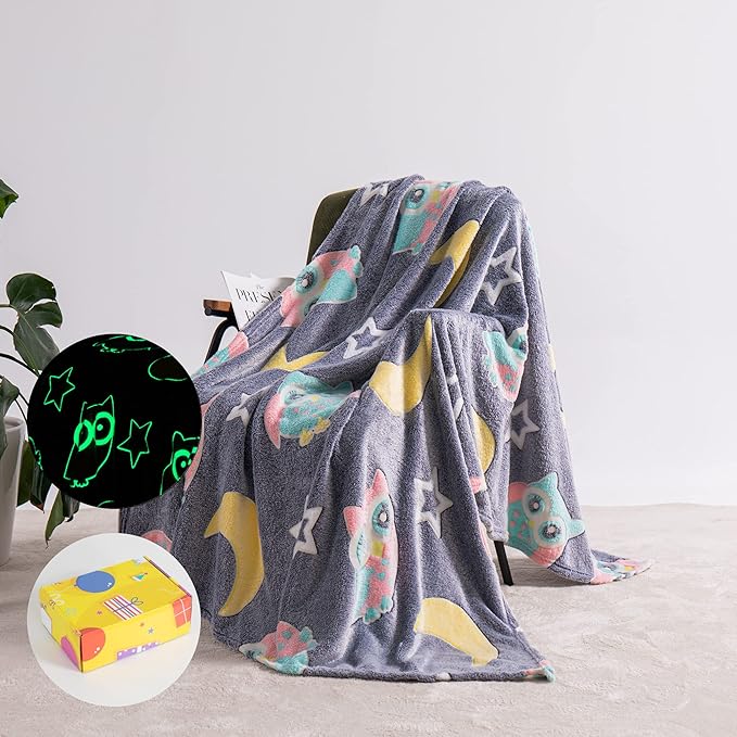 QSTEHEML Owl Glow in The Dark Blanket,Owl Gifts Toys for Kids Boys Age 3-12 Years Old,Birthday, for Child, Toddler, Teen, and Grandkids Soft Throw 50"×60"