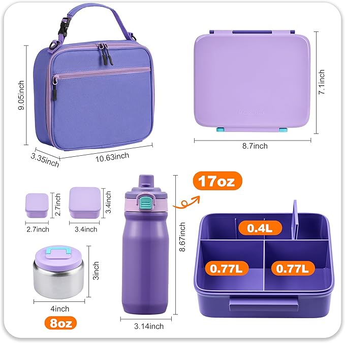 Bento Lunch Box for Kids with Thermos, Leakproof Bento Box with 8oz Insulated Food Jar, Insulated Bottle, Lunch Bag, BPA Free Dishwasher Safe 4 Compartment Container for School Girls Boys (Purple)