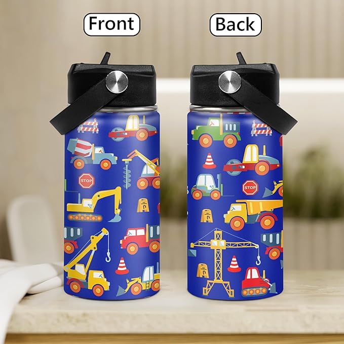 Kids Water Bottle with Straw Construction Insulated Water Bottles 12oz Stainless Steel Travel School Tumbler Double Wall Vacuum Cup for Boys Kid