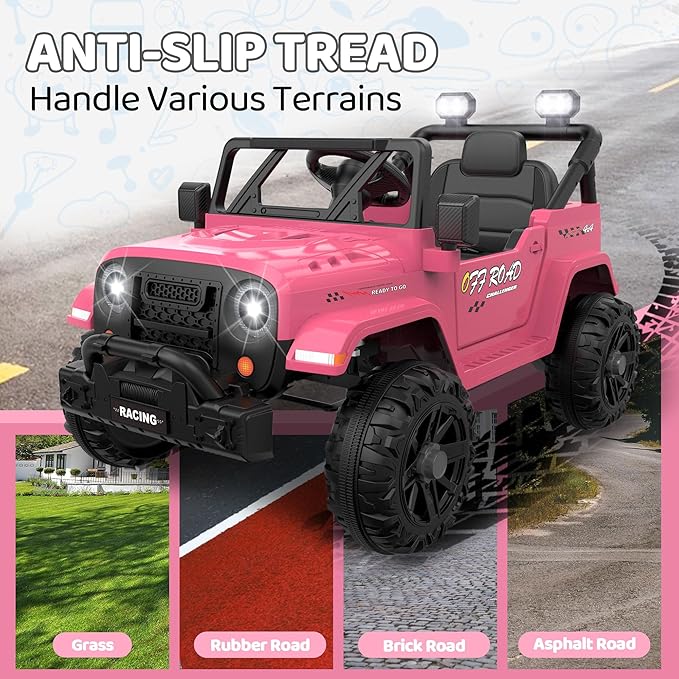 12V Ride On Truck Car with Remote Control, Kids Electric Vehicles with Bluetooth Music, Horn, 3 Speeds, 4 LED Lights, Soft Start, Ride on Toys for Toddler Boys & Girls (Pink)