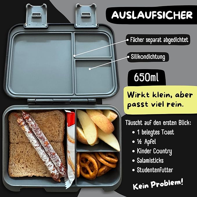 BEARFOOT Kids Lunch Box with Compartments – Compact & Lightweight | Leak-Proof, BPA-Free, Dishwasher & Microwave Safe | Hand-Drawn Design for Preschool, School, Travel (Game Black, 2.75 Cups)