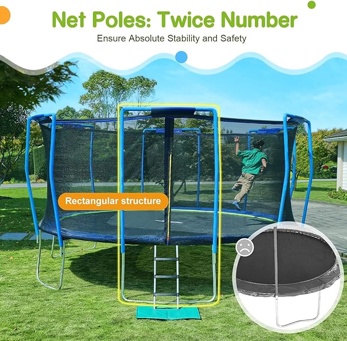 Zupapa No-Gap Design 16 15 14 12 10FT Trampoline with Safety Enclosure Net and Non-Slip Ladder 10-Year Quality Assurance Perfect for Kids Family Outdoor Backyard Fun