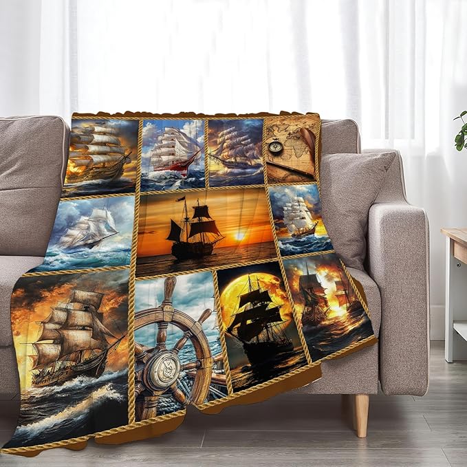 Nautical Throw Blanket Ultra Soft Cozy Navigation Sailboat Blanket Fleece Fuzzy Plush Nautical Lovers Decor Gifts for Women Girls Adults Couch Sofa 50"x40"