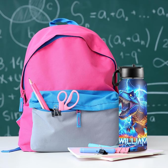 Personalized Dinosaur Water Bottles for Boys with Straw Lid Custom Sports Water Bottle for School Customized Name Stainless Steel Double Wall Insulated Cup Birthday Gifts for Kids Style17