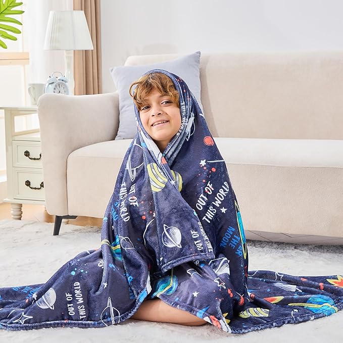 Wajade Toddler Fleece Space Blanket for Boys Kids 3D Rocket Planets Soft Throw Blanket Birthday Christmas Halloween Space Decor for Children 50"x60"