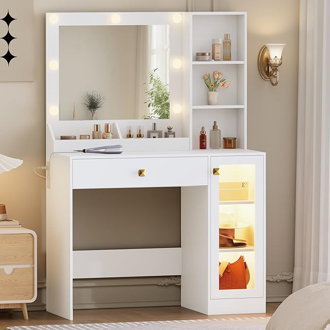 Makeup Vanity with Mirror and Lights & Power Outlet, 34'' Small Vanity Desk with Drawers and Storage Cabinet & Makeup Tray, Dressing Table for Girls Bedroom Dressing Room, White
