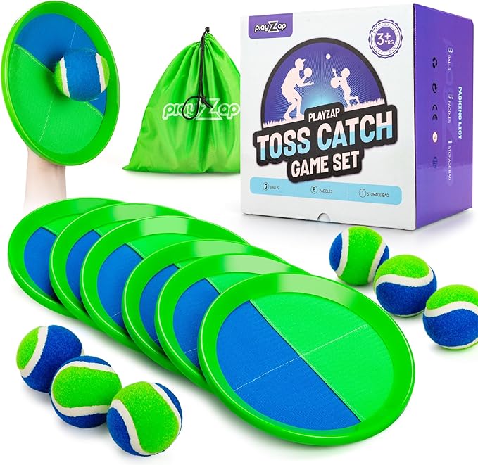 PlayZap Toss and Catch Ball Set Ultra Sturdy ABS - Family Games Christmas Stocking Stuffers Gift for Toddlers Kids Teens Boys Girls 3-5 5-8 8-13+ Yrs - Baseball Toys for Beach Pool Yard Outdoor 6 Pack