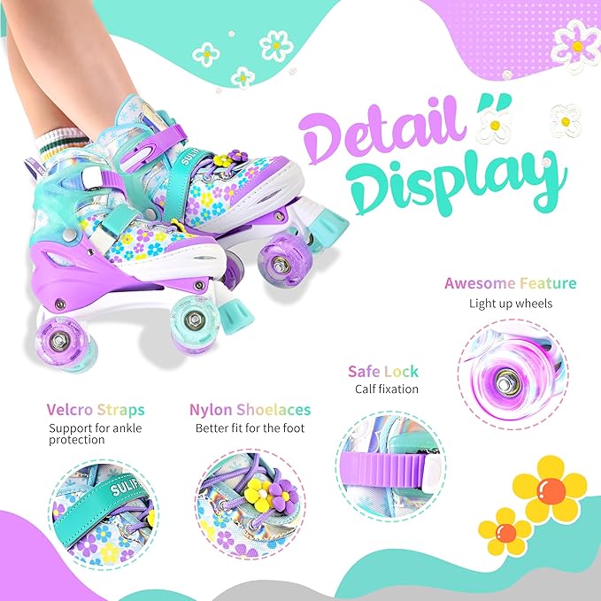 SULIFEEL Rainbow Unicorn 4 Size Adjustable Light up Roller Skates for Girls Boys for Kids