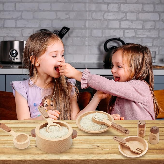 WHOHOLL Play Kitchen Accessories, Wooden Kitchen Set for Kids Ages 3-5 - Montessori Cooking Toys with Toy Pots and Pans (Large)