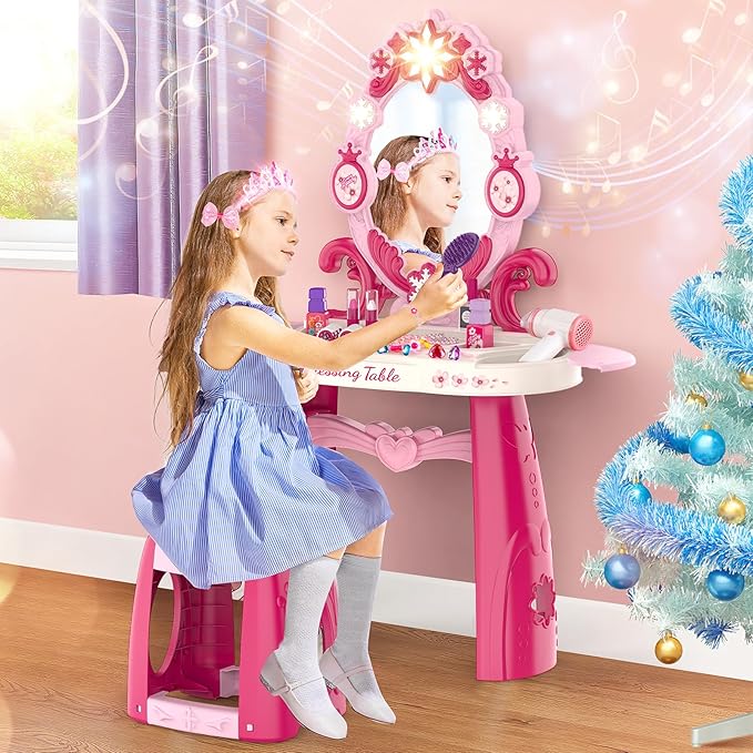Toddler Makeup Table Toy with Mirror and Chair, Kids Pretend Play Vanity Set with Lights and Sounds Hairdryer, Make Up Accessories for 3-6 Years Old Girls