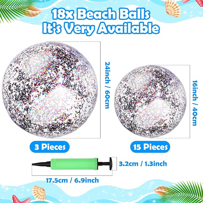 Chivao 18 Pcs Sequins Beach Ball 24 Inch 16 Inch Clear Inflatable Glitter Summer Swimming Pool Balls Wedding Outdoor Floatable Decor Confetti Decor for Beach Party(Multi Color)