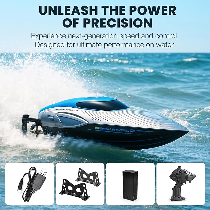 RC Boat for Adults & Kids, Metallic Blue, 2.4GHz Remote Control Racing Boat, 30 MPH, Self-Righting, Waterproof, Long Range, Rechargeable, LED Light, High Speed Electric Toy Boat for Lake, Pool & Pond