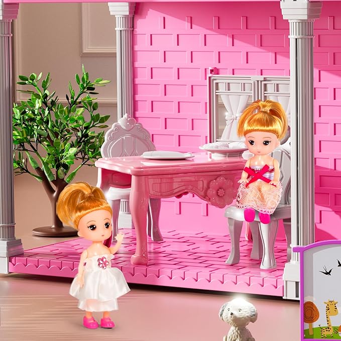 Villa Playset for Girls Ages 3-7, Indoor Playset Girls Toys with 2 Storeys 3 Rooms 2 Dolls for Ages 6-8, Furniture and Accessories, Pretend Toddler Toy, Birthday Gifts for Kids 3 4 5 6 7 8