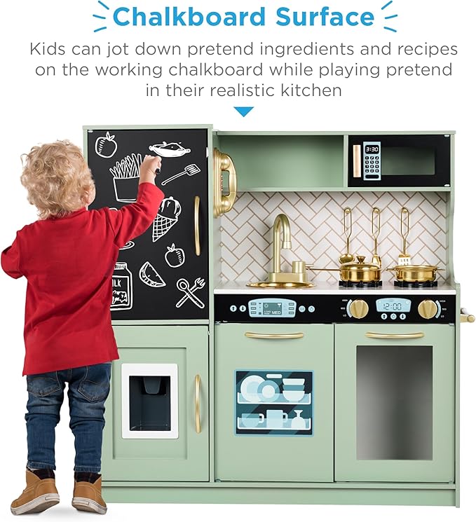 Best Choice Products Pretend Play Kitchen Wooden Toy Set for Kids w/Realistic Design, Telephone, Utensils, Oven, Microwave, Sink - Sage