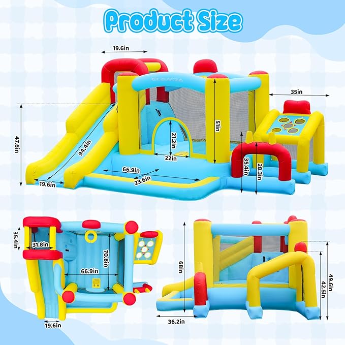ELEMARA Inflatable Bounce House, 7 in 1 Kids Bounce House with Slide, Bouncy House with Blower, Jumping Area,Baseball/Soccer Area,Basketball Hoop,Climbing Wall, Jumping Castle for Indoor Outdoor