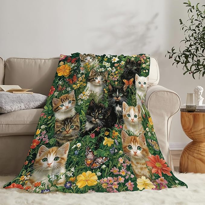 Cat Throw Blanket Ultra Soft Cozy Deer Flower Cats Blanket Fleece Fuzzy Plush Cat Lovers Decor Gifts for Women Girls Adults Couch Sofa 60"x50"