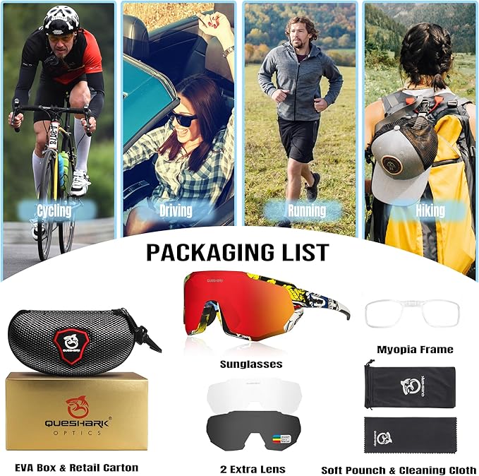 Queshark Cycling Glasses, Sports Sunglasses for Men Women, 1 Polarized 2 HD Lens, Polarized Sunglasses for Cycling Running