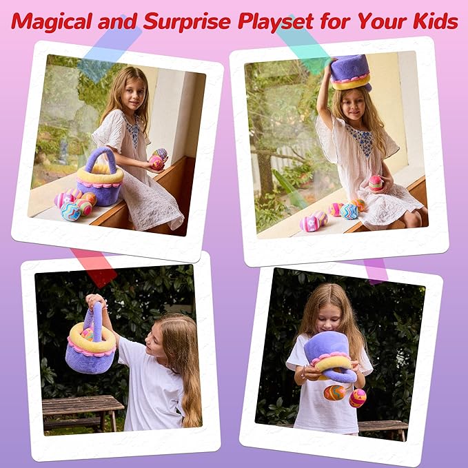 8 Piece Plush Stuffed Playset Toys with 7 Eggs, 1 Furry Bag, Soft Basket Set Sensory Toys for Girls Kids Ages 3+, Birthday Christmas Valentines Easter Party Favors Gifts