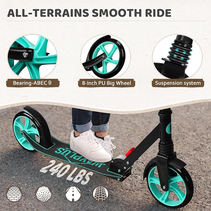Kick Scooter for Ages 6+,Kid, Teens & Adults. Max Load 240 LBS. Foldable, Lightweight, 8IN Big Wheels for Kids, Teen and Adults, 4 Adjustable Levels. Bearing ABEC9