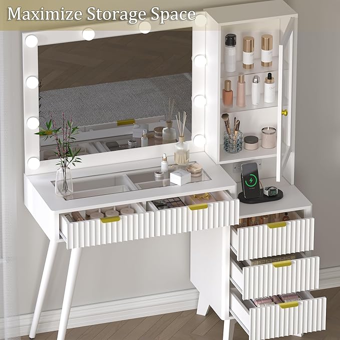 45” Fluted Makeup Vanity Desk with Mirror and Lights, Glass Top Dressing Table with 5 Drawers, LED Lighted Adjustable Cabinet, Trays & Charging Station for Bedroom Dressing Room