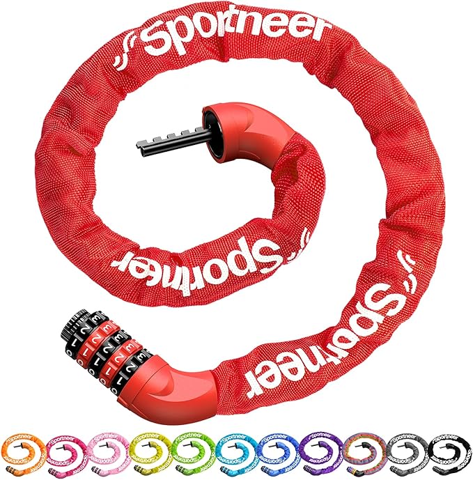 Sportneer Bike Lock: 5 Digit Combination High Security Anti Theft Bike Chain Lock - 3.2/3.6/4ft Heavy Duty Keyless Bicycle Lock for Bike, Motorcycle, Scooter, Door & Gate - 4/6mm Thick, Easy to Use