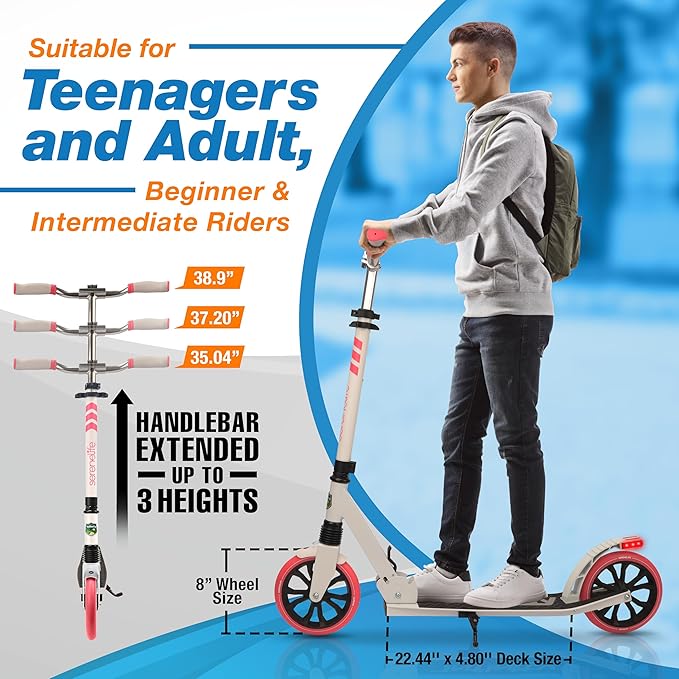 SereneLife Kick Scooter Adult Teenagers Kids- 2 Wheel Kids Scooter with Adjustable T-Bar Handlebar - Alloy Anti-Slip Deck - Portable Folding Scooters for Kids with Carrying Strap