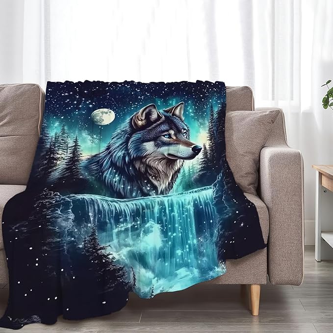 Wolf Blanket Wolves Lover Throw Blankets Waterfall Gifts for Girls Boys Kids Soft Cozy Fleece Plush for Couch Sofa Bed 60"x50"