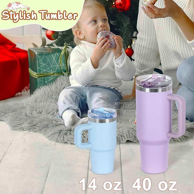 Cosictic 14 Oz Flip Straw Tumbler with Handle for Kids, Stainless Steel Double Wall Insulated Cup for Children with Flip Top Lid, 14 Oz Leak-proof Cups for Kids, Sky Blue and Pink