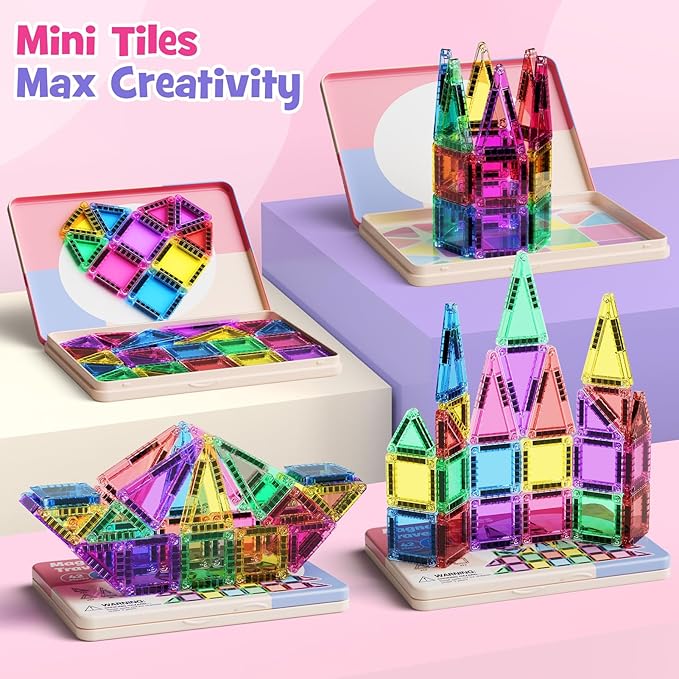 Mini Magnetic Tiles with Iron Box, 42PCS Travel Size Magnet Building Blocks Toy Set, Protable Construction Block Toys Educational Learning Sensory Toys for 3+ Year Old Boys Girls Birthday Gift