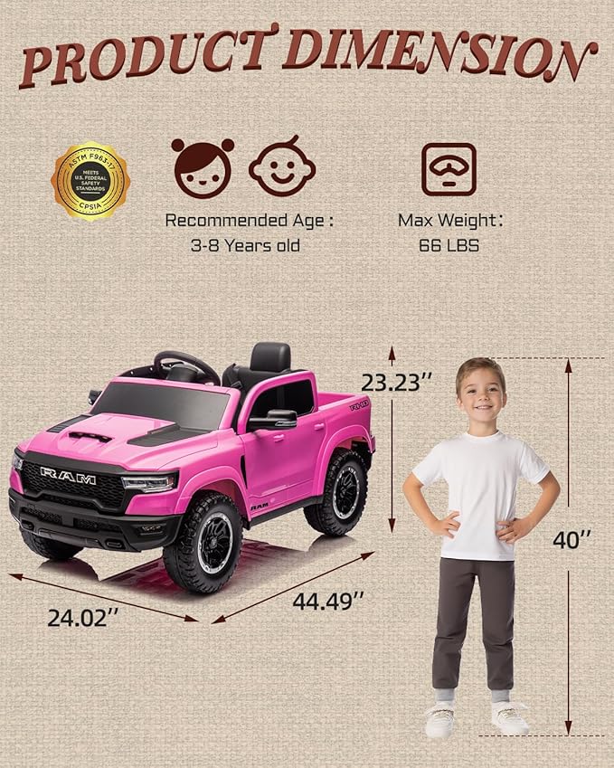 First Ride On Licensed Ram 1500 12V Ride on Toys, Kids Ride on Car with Remote Control, Electric Vehicle for Toddler with Smooth Start, Pickup Truck Bed Storage, Spring Suspension, Aux Port (Pink)