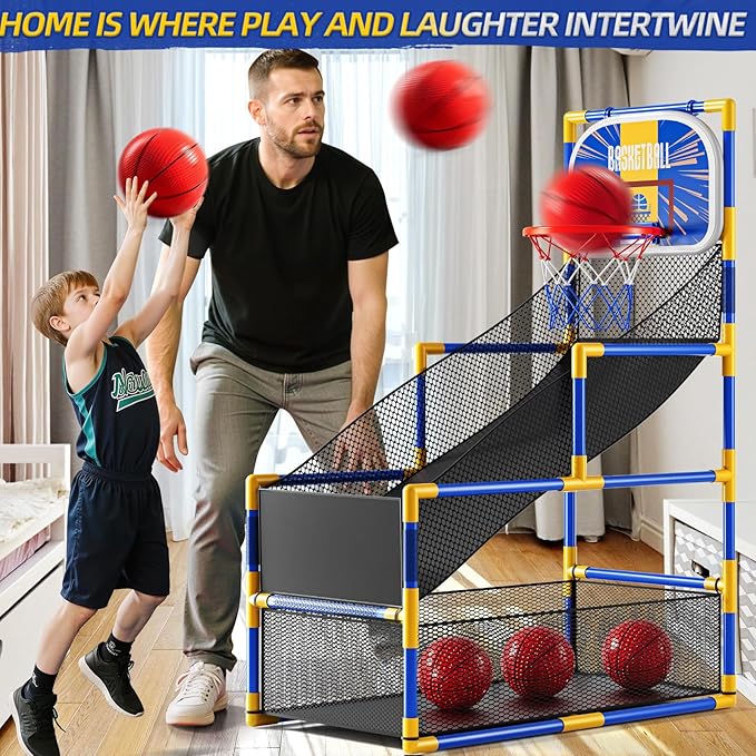 Arcade Basketball Game Indoor, Kids Ajustable Basketball Hoop, Outdoor Carnival Sports Play Toy with 4 Balls and Air Pump, Educational Birthday Gift for Boys Girls 3 4 5 6 7 8 Year Old (Blue)