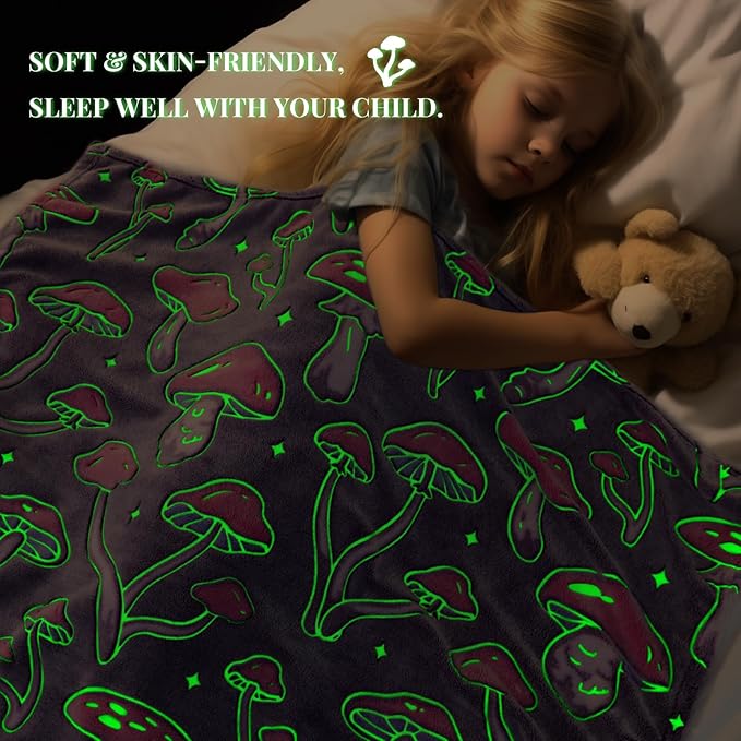 Twin Size Mushroom Blanket Glow in The Dark - Soft Fuzzy Purple Fleece Throw Cottagecore Bedding for Women Teens, Couch Sofa Home Decor 60x80inches