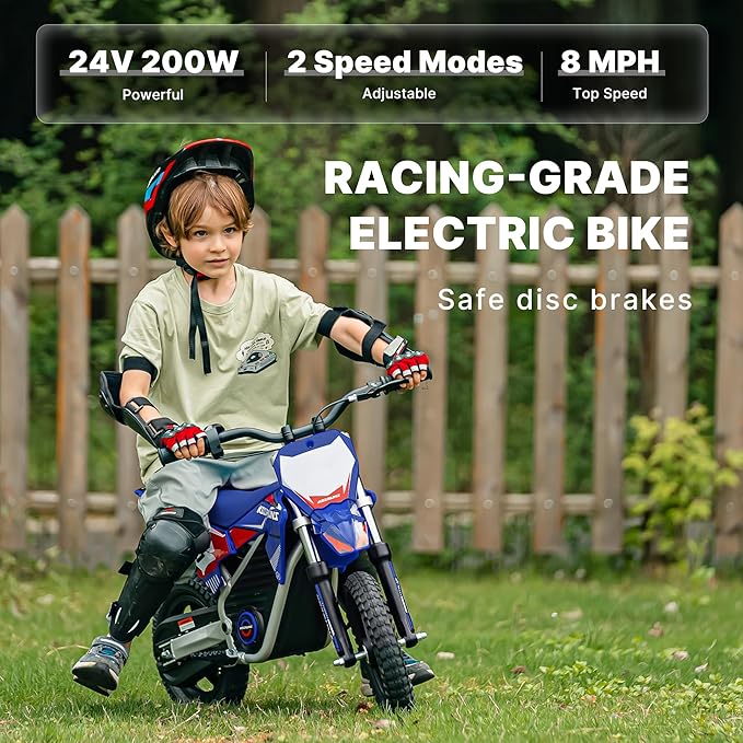 Electric Dirt Bike for Kids, Powerful Motorcycle for Ages 3-6, 24V 2.6Ah Lithium Battery, Dual Shock Absorption, 2 Speed Modes, Safe Disc Brake, 12Inch Off Road Tires, Blue