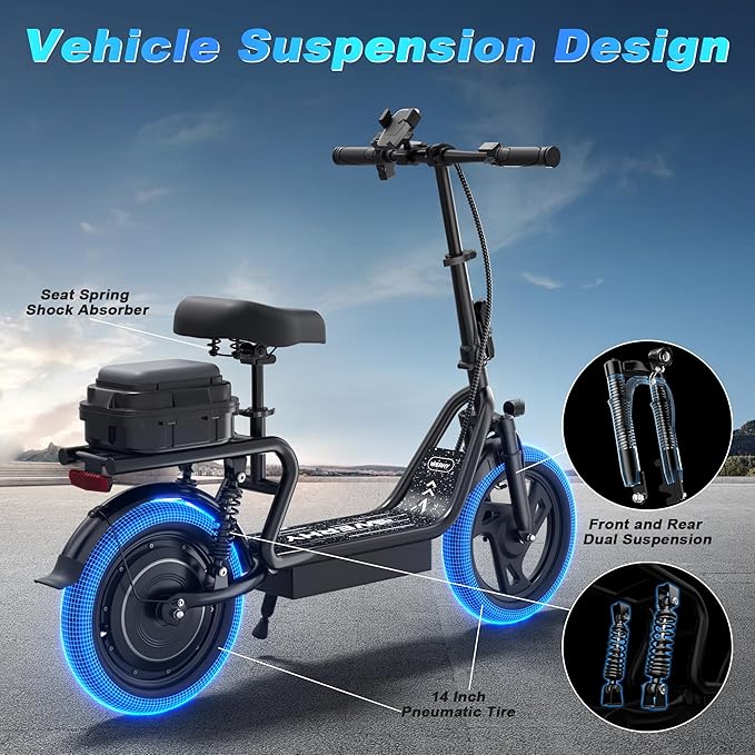 WERHY Electric Scooter, 500W Motor, 14'' Tires, Top Speed 22 mph, Max 27/49 Miles Ranges, Foldable E-Scooter with Suspension, Digital Display, Cruise Control,Rear Seat Box/Basket