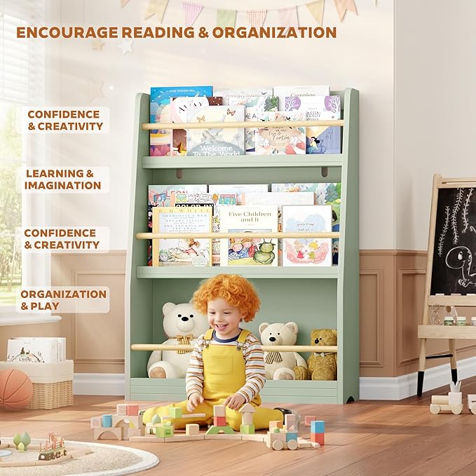 Kids Bookshelf, 3-Tier Montessori Book Shelf Organizer for Books and Toys, Toddler Bookshelf for Bedroom, Living Room, Playroom, Classroom, Nursery - Green