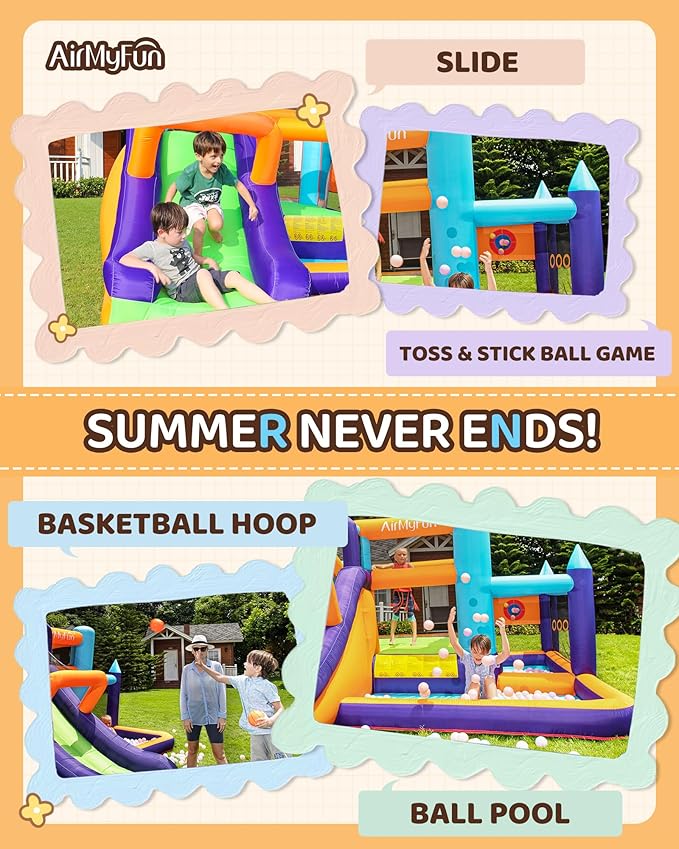 AirMyFun Inflatable Water Slide Bounce House with Long Curved Slide for Kids with Blower, Family Backyard Bouncy Castle with Fun Doorway Tunnel, Climbing Wall and Ball Shooting (High End)