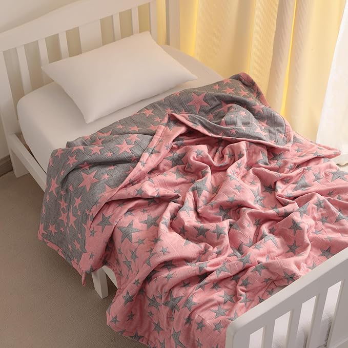 NTBAY 3 Layer Toddler Blanket, Muslin Cotton Jacquard Bed Blankets, Lightweight Thermal Baby Blanket, Super Soft and Warm Crib Blanket for All Seasons, Decoration Gift, 30"x40", Red and Black Star