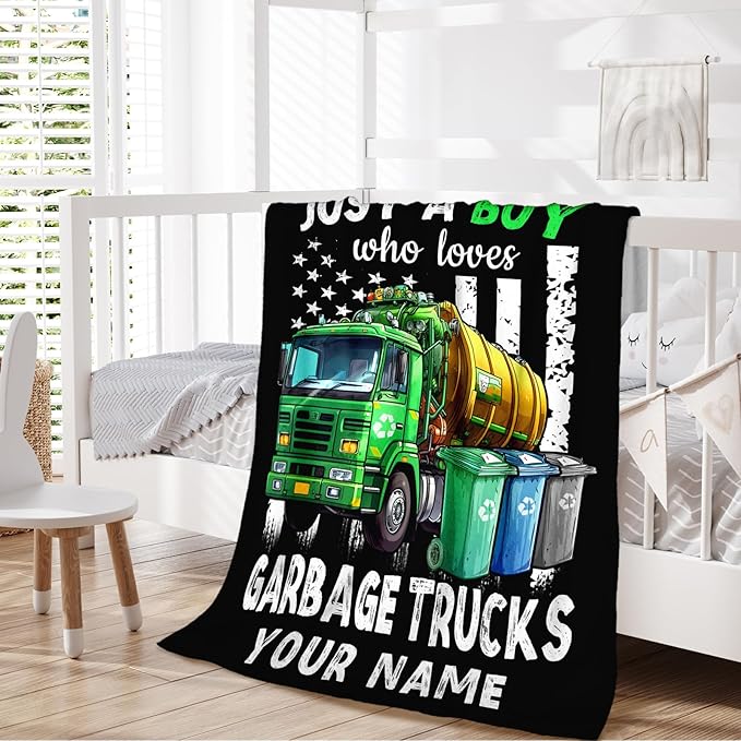 Personalized Boys Blanket Gifts with Name, Garbage Trucks Throw Blankets for Kids Teens, 40x50 Inches Cute Throws for Sofa Couch Bed, Custom Gift for Truck Lovers